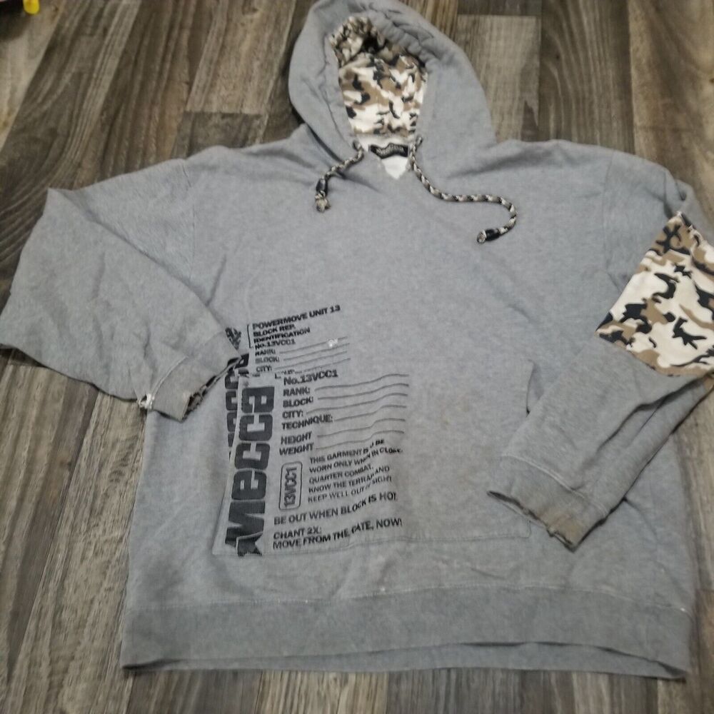 Vintage Y2K Mecca Hoodie Men's Size‎ XL Gray And Camo Distressed/Stained